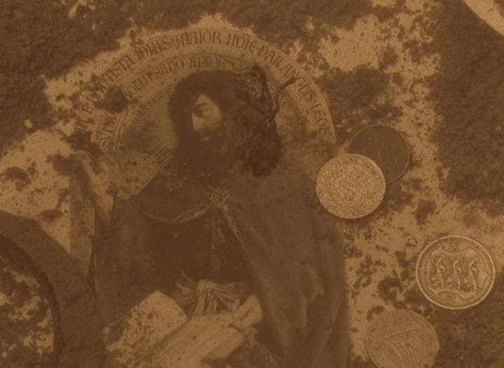 Em sépia, sob a água, o fragmento do Retábulo de Gante com São João Batista, cercado de moedas, no sonho do Stalker, em Stalker (1979), de Andrei Tarkóvski.