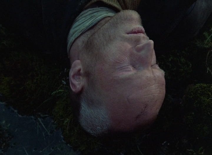 O Stalker (Aleksandr Kaidanóvski) deitado sobre o musgo, de olhos fechados, filmado de cabeça para baixo, em Stalker (1979), de Andrei Tarkóvski.