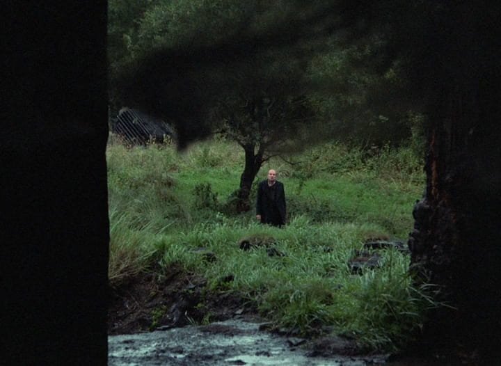 O Escritor (Anatoli Solonítsin), de pé no capim alto, visto entre troncos escuros, à beira de um riacho, em Stalker (1979), de Andrei Tarkóvski.